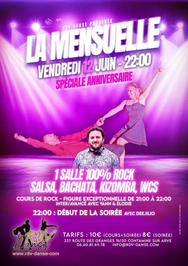 La Mensuelle — Vendredi 12 juin 2026 — Spéciale Anniversaire — 1 salle 100% Rock + Salsa, Bachata, Kizomba, WCS