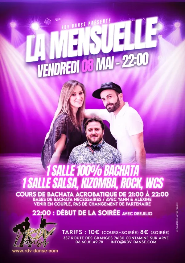 La Mensuelle — Vendredi 8 mai 2026 — 1 salle 100% Bachata + Salsa, Kizomba, Rock, WCS