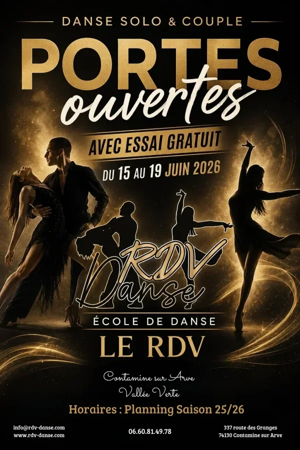 Portes ouvertes RDV Danse — du 15 au 19 juin 2026 — Essai gratuit, danse solo &amp; couple