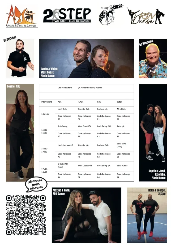 Verso du flyer : planning des stages de l'après-midi, de 14h à 18h45, proposés par ADL, Flash Danse, RDV Danse et 2 Step, avec les professeurs et les DJ Dee'Jilio et Nounours